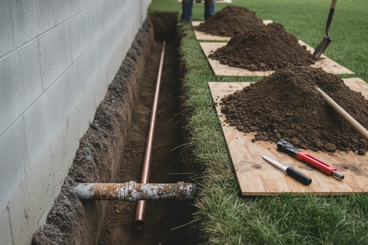 Excavated water line trench during Water Heater Repair in New Ringgold